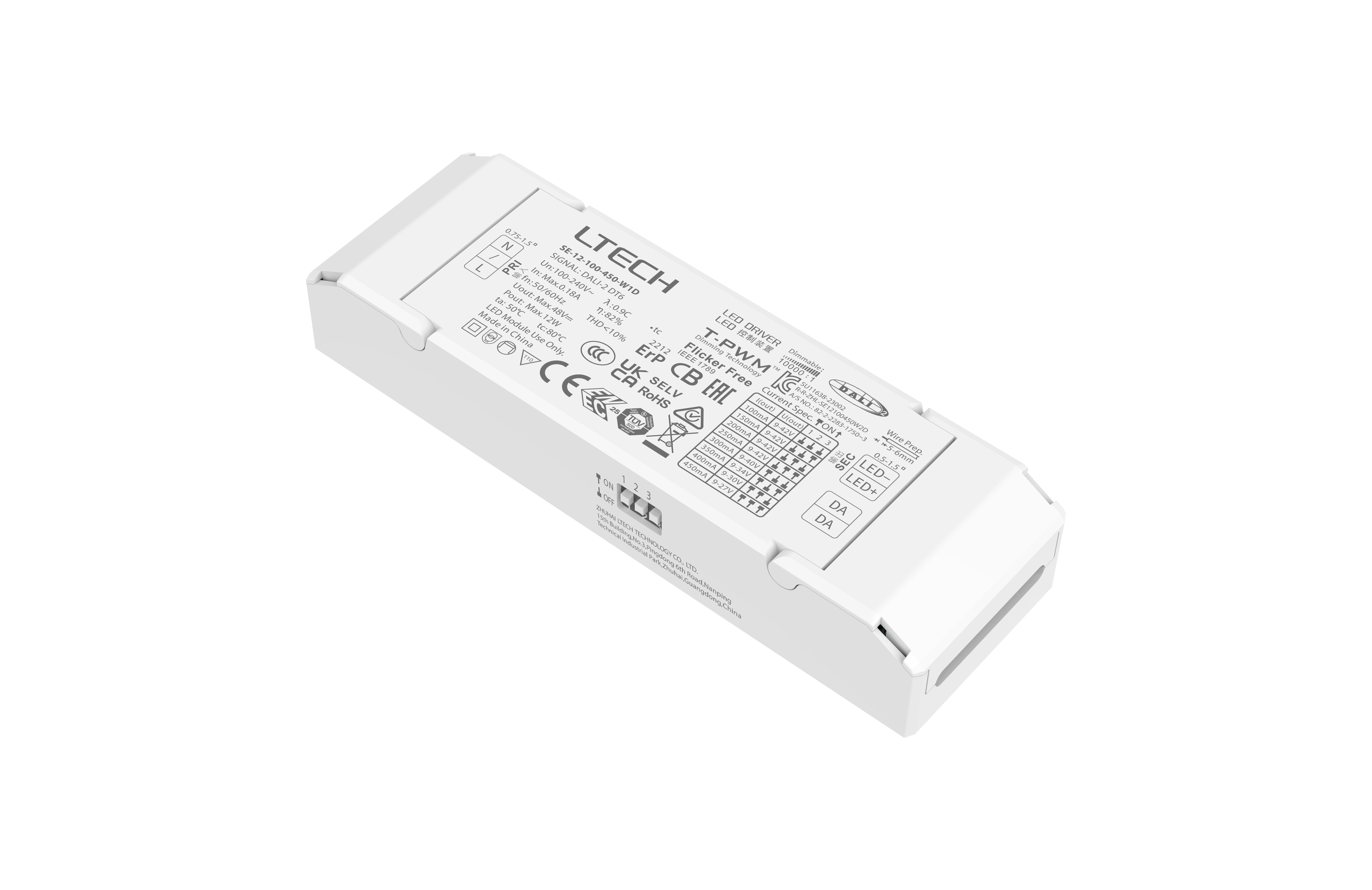 SE-12-100-450-W1D  Intelligent LED Driver, DALI  0-100% Dim, PWM Digital Dim,DALI DT6, CC 12W 100-450mA 9-42Vdc  Out put Range.0.9-12W , IP20, 5yrs Warrenty.